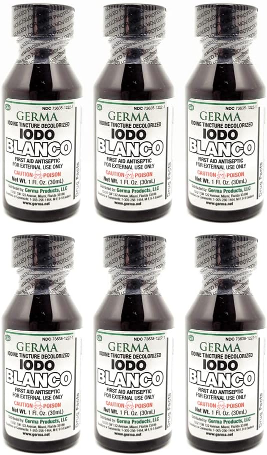 Germa White Iod Tincture. Primul ajutor antiseptic pentru zgârieturi minore, tăieturi, vânătăi şi arsuri. Previne infecţia pielii. 1 oz. Cutie cu 6 flacoane