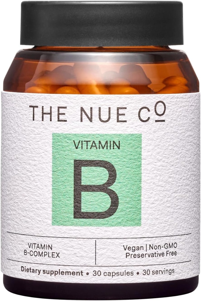 Nue Co. Suplimentul de vitamina B, susține energia, promovează pielea sănătoasă și părul, Vegan, gluten gratuit, 30 capsule