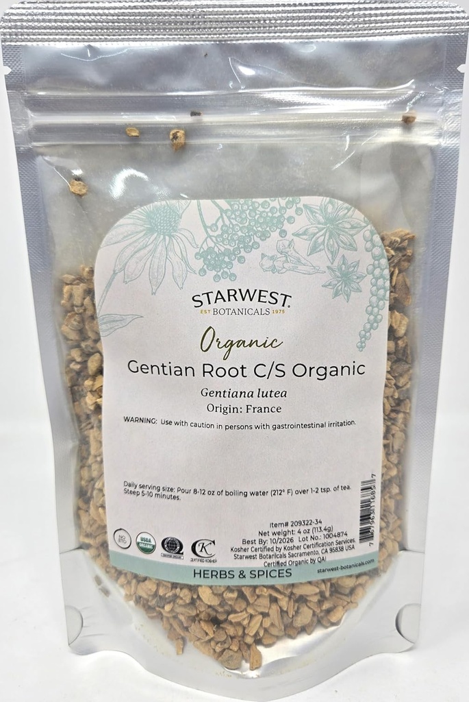 Starwest Botanics Organic Gentian Root C/S, 4 Ounces