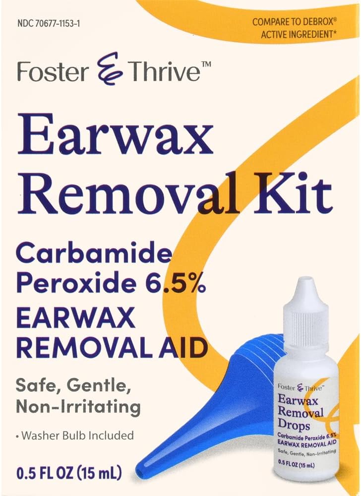 Kit Foster & Thrive Earwax de îndepărtare, Softens & Loosens Excess Earwax, Seif, Gentle și non-Iritant, Carbamidă Peroxid 6,5%, Include picături și Seringă de ureche Bulb, 0,5 Oz