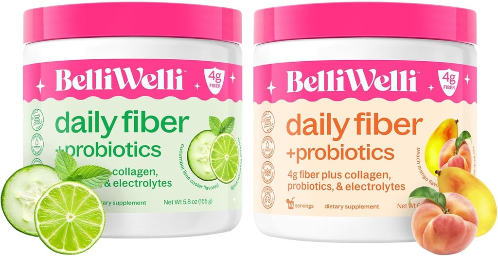 Daily Fiber Supplement Bundle cu colagen, Probiotice, Electroliti si suport de hidratare - Castravete Lime Mint & Peach Mango Aroma - Promoveaza Digestive, Skin Health, Echilibru Gut - 32 Serviri