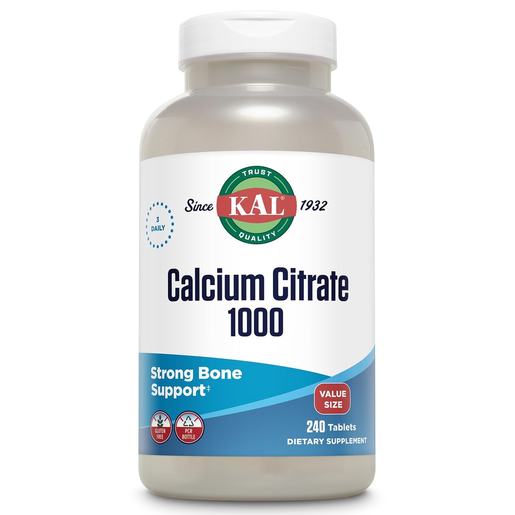 Citrat de calciu KAL 1000mg, Suplimente de calciu pentru femei si barbati, sanatate osoasa, dinti, nervos, Musculos & Cardical Sistem de suport, Gluten gratuit si laborator verificate, 80 Serviri, 240 comprimate