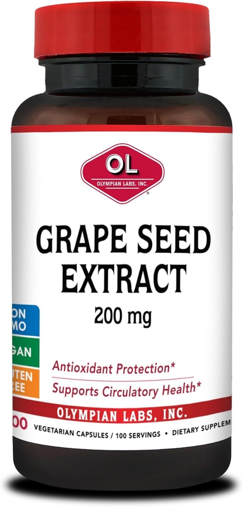 Olympian Labs Extract de semințe de struguri capsule - 200 mg - 100 Capsule vegetale de susținere a sănătății inimii, protecție antioxidantă.
