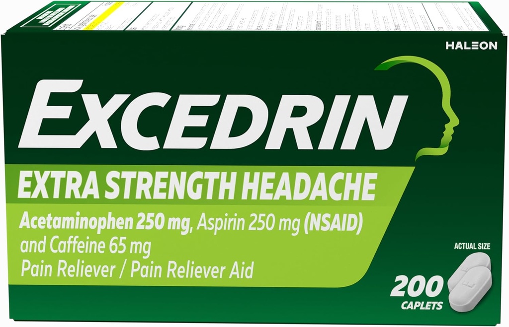 Excedrin Extra Putere Dureri Relief Caplete pentru ajutor de cap, Acetaminofen 250mg, Aspirină 250mg, Cafeina 65mg, Durere Reliever, 200 Conte