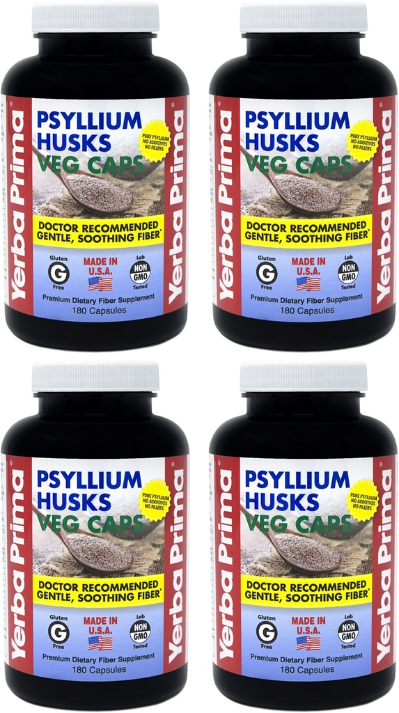 Yerba Prima Psyllium Husks Veg Caps - 180 Conte (Pachet de 4) - Vegan, Non-GMO, Gluten Free, Colon Cleanser, Daily Fiber Supplement for Gut Health & Regularity