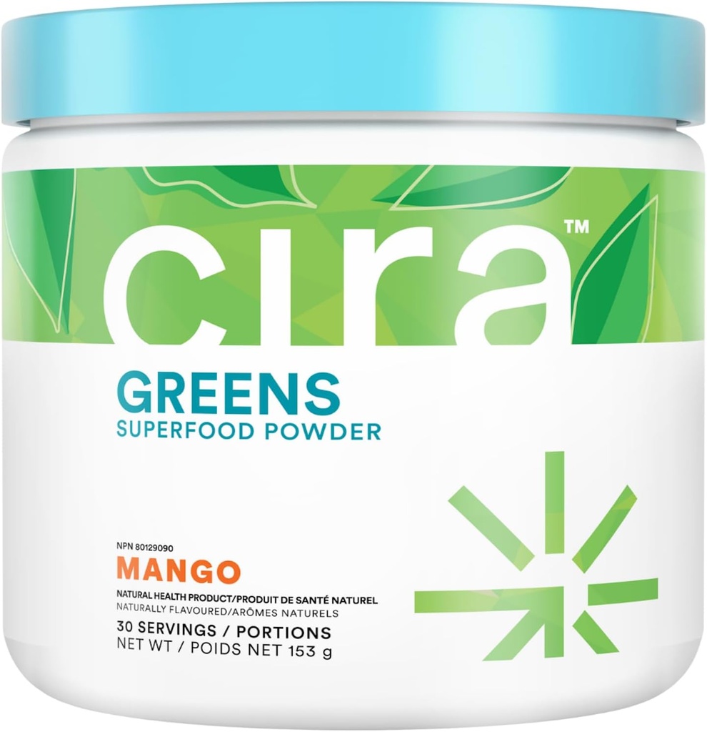 Cira Daily Greens - naturale îndulcite, organic Spirulina Superfood Pulbere cu Premium, Antioxidant-Rich Ingrediente pentru debloare, Digestion, & Energy - Mango, 30 Serviri