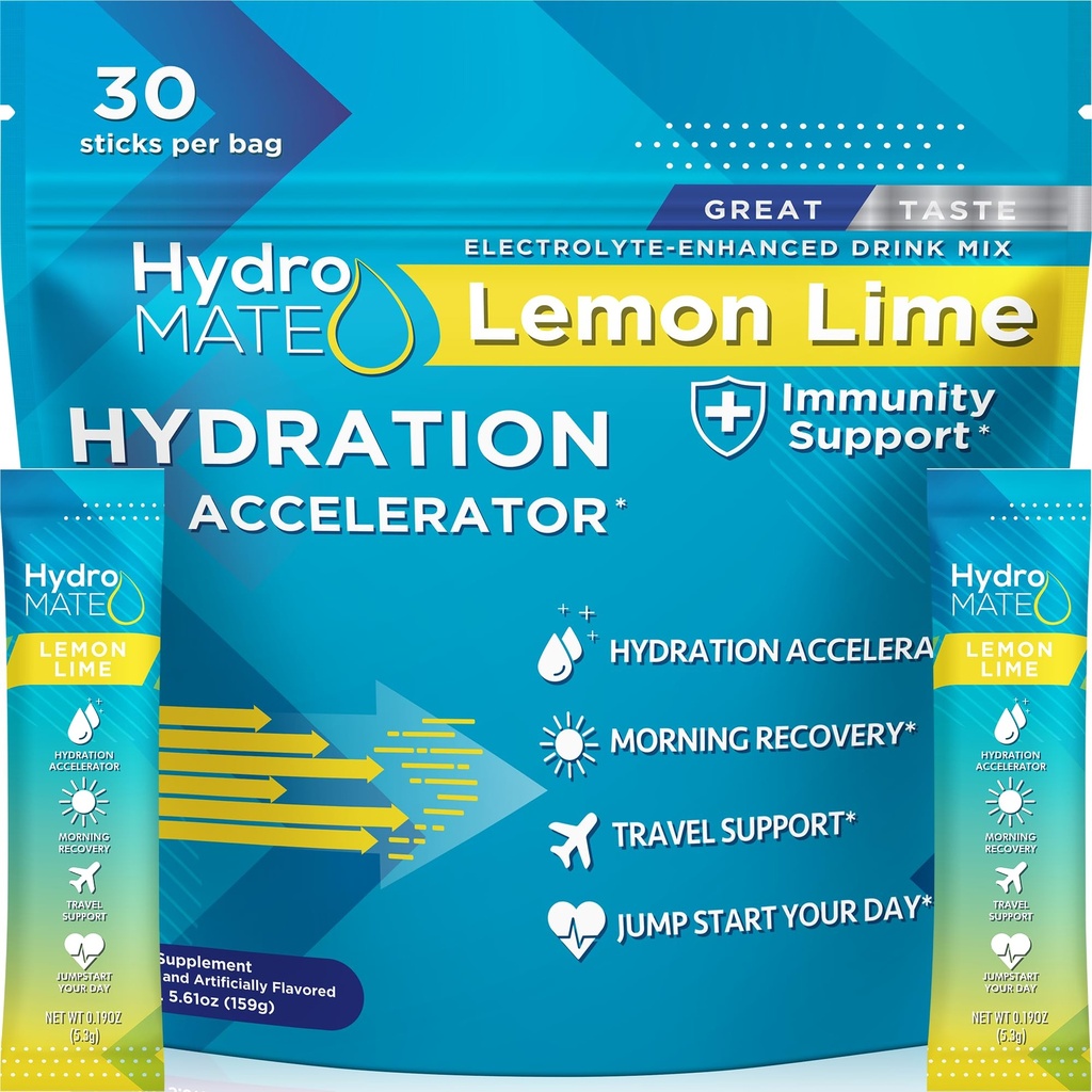 HidroMATE Electrolit pulbere Lămâie Lămâie Hidratare Pachete de zahăr scăzut 30 Count