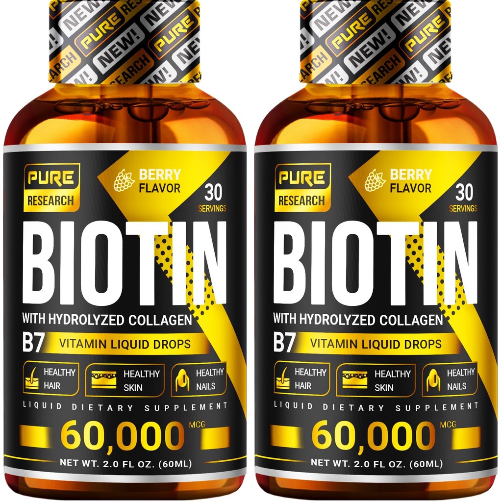 Pure Research Biotin & Colagen 60.000mcg Creşterea părului Picături lichide, Suporturi: unghii puternice, luminos piele, creşterea sănătoasă a părului, mai multă absorbţie decât capsule şi pastile (4Fl Oz)