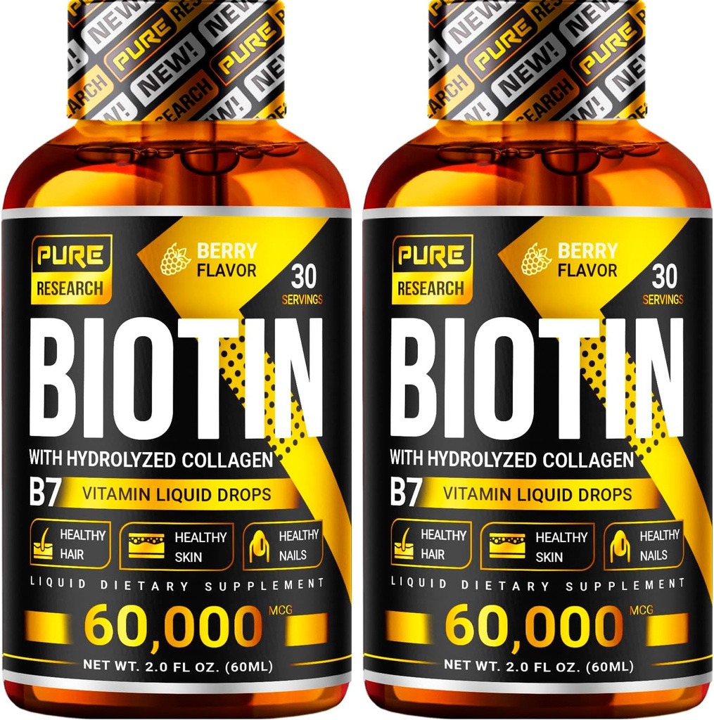 Pure Research Biotin & Colagen 60.000mcg Creşterea părului Picături lichide, Suporturi: unghii puternice, luminos piele, creşterea sănătoasă a părului, mai multă absorbţie decât capsule şi pastile (4Fl Oz)