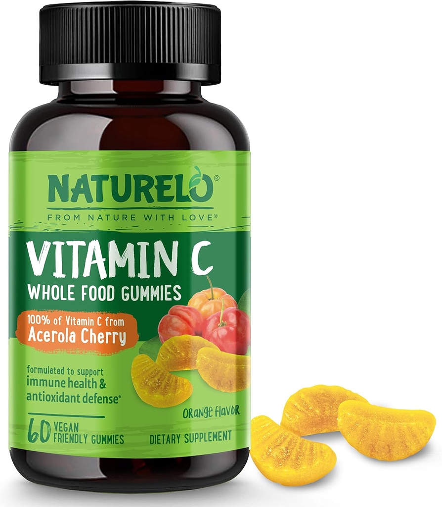 NATURLO Whole Food Vitamina C Gummies, Vitamina C de la Acerola Cherry, Plant-Based Supplement, 60 Vegan-Friendly Gummies