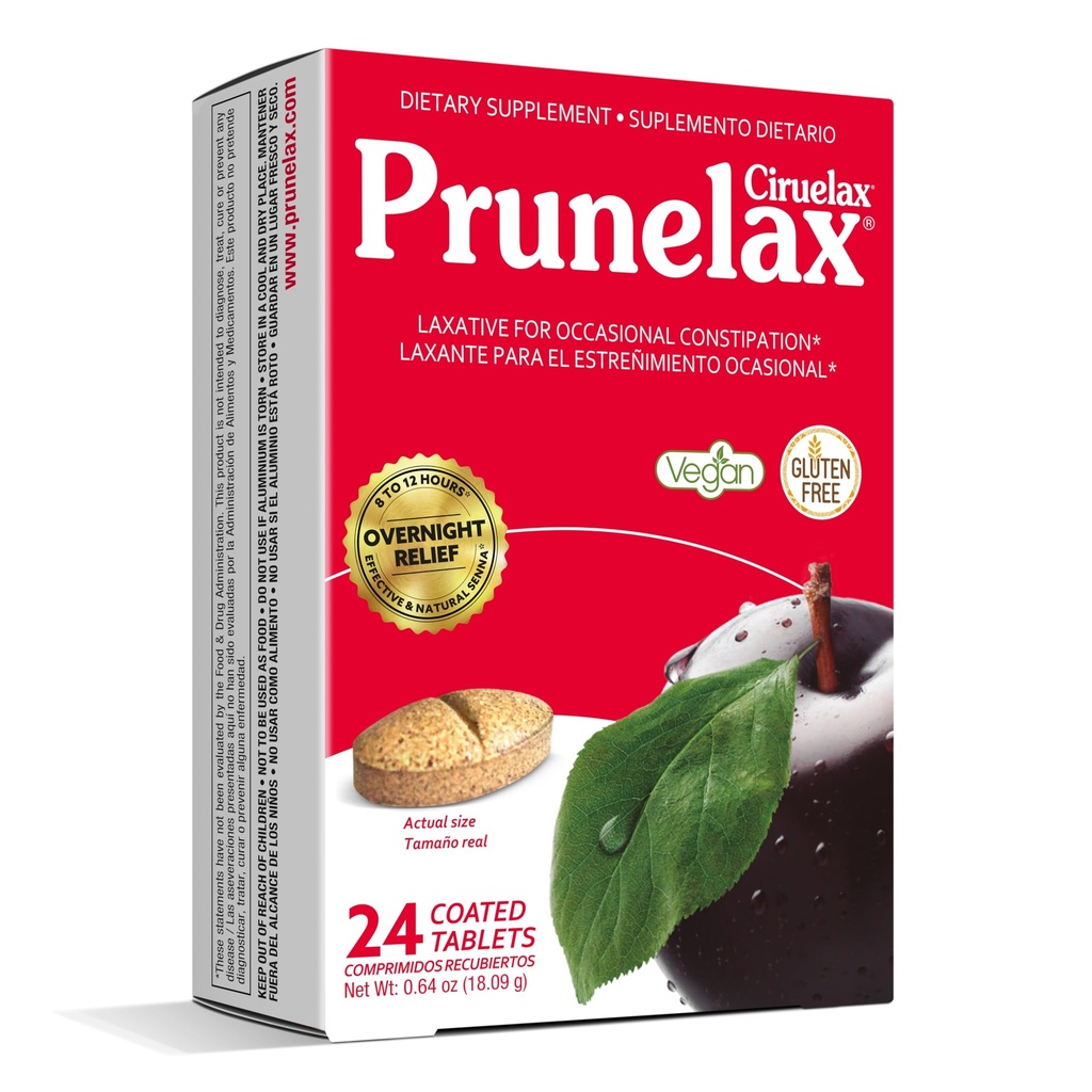 Prunelax Ciruelax comprimaturi regulate de putere Laxative - Overnight Relief pentru constipație ocazională, extract de senna, Vegan & Gluten-Free, Fast-Action Gentle Relief - 24ct