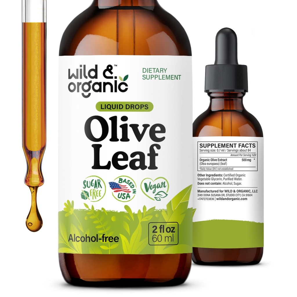 Extract lichid de frunze de măsline sălbatice și organice - Antioxidant și suport imun - Oleuropein Olive Leaf Supliment - Vegan, Drops fără zahăr și alcool - 2 fl oz