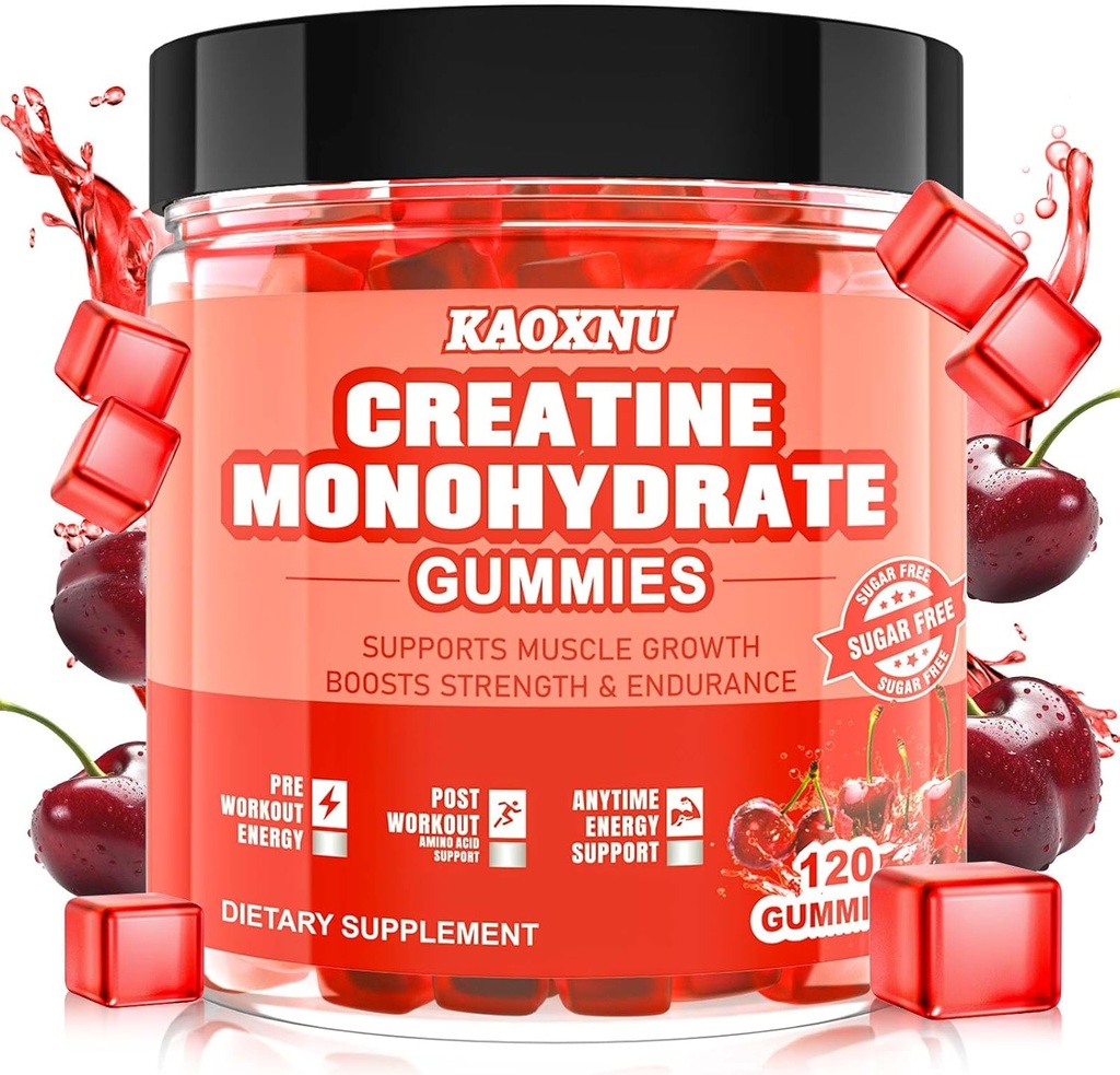 Creatin Monohidrat Gummies 5600 mg pentru bărbaţi şi femei, 120 CT Gume de creaţie masticabile pentru suport muscular, energie Boost, 5,6g de Creatină Monohidrat per Servire - Zahăr fără, Vegan (Cherry Flavor)