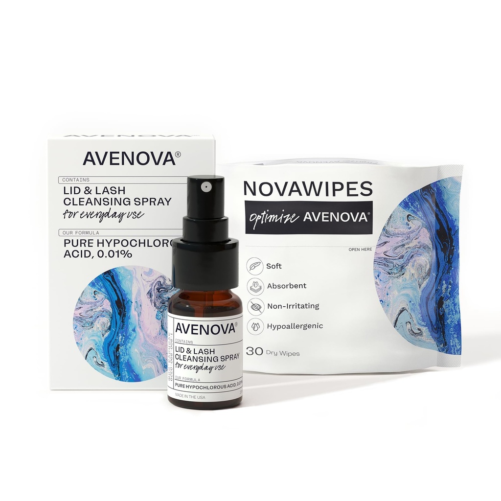 Avenova Spray eyeled și eyelas Cleanser cu 30 de șervețele uscate - Gentle în fiecare zi Hipoclorous Acid Lid și Lash Spray de curățare pentru ochi mai clare și mai sănătoase, 20ml