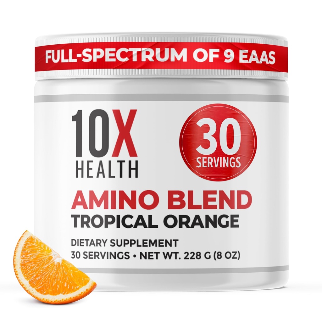 10X Aminoacidi de sănătate - 30 Serviri de EAA & BCAA pulbere, Pre Antrenament BCAA cu supliment de aminoacizi esențiali - BCAAs & EAAs pentru longevitate, suport muscular, Putere, Energie - Portocaliu tropical