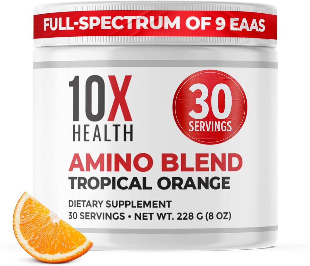 10X Aminoacidi de sănătate - 30 Serviri de EAA & BCAA pulbere, Pre Antrenament BCAA cu supliment de aminoacizi esențiali - BCAAs & EAAs pentru longevitate, suport muscular, Putere, Energie - Portocaliu tropical