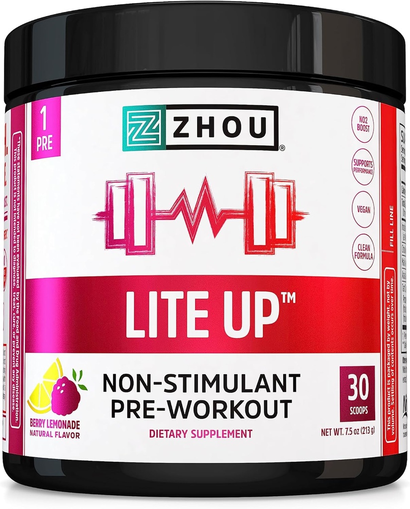 Zhou Lite Up - non Stim pulbere, oxid de azot Stim supliment gratuit pentru bărbați și femei, Cafeina Free Boost, Formula curată - Berry Lemonade Flavor, 7.5 oz Jar (30 Scoops)