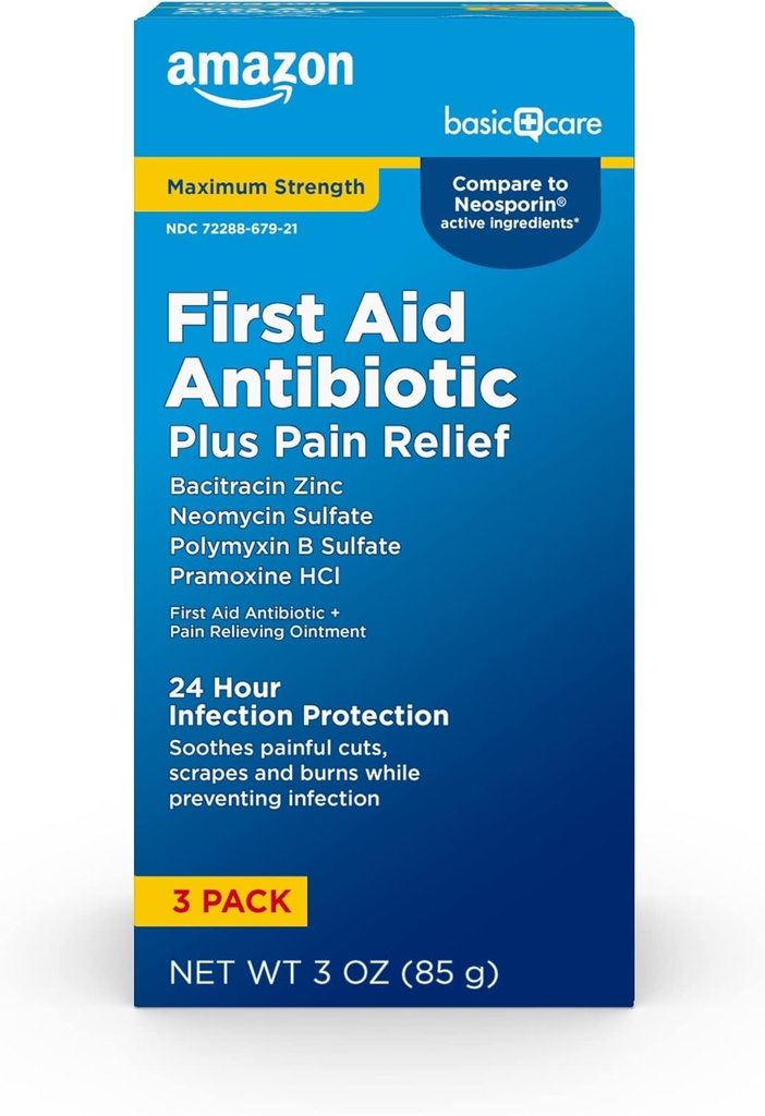 Îngrijire de bază Putere maximă Primul ajutor Triple Unguent Antibiotic, Durere Relief Pentru Tăieturi minore, Zgârieturi și Arsuri, 3 uncie (Pachet de 1)