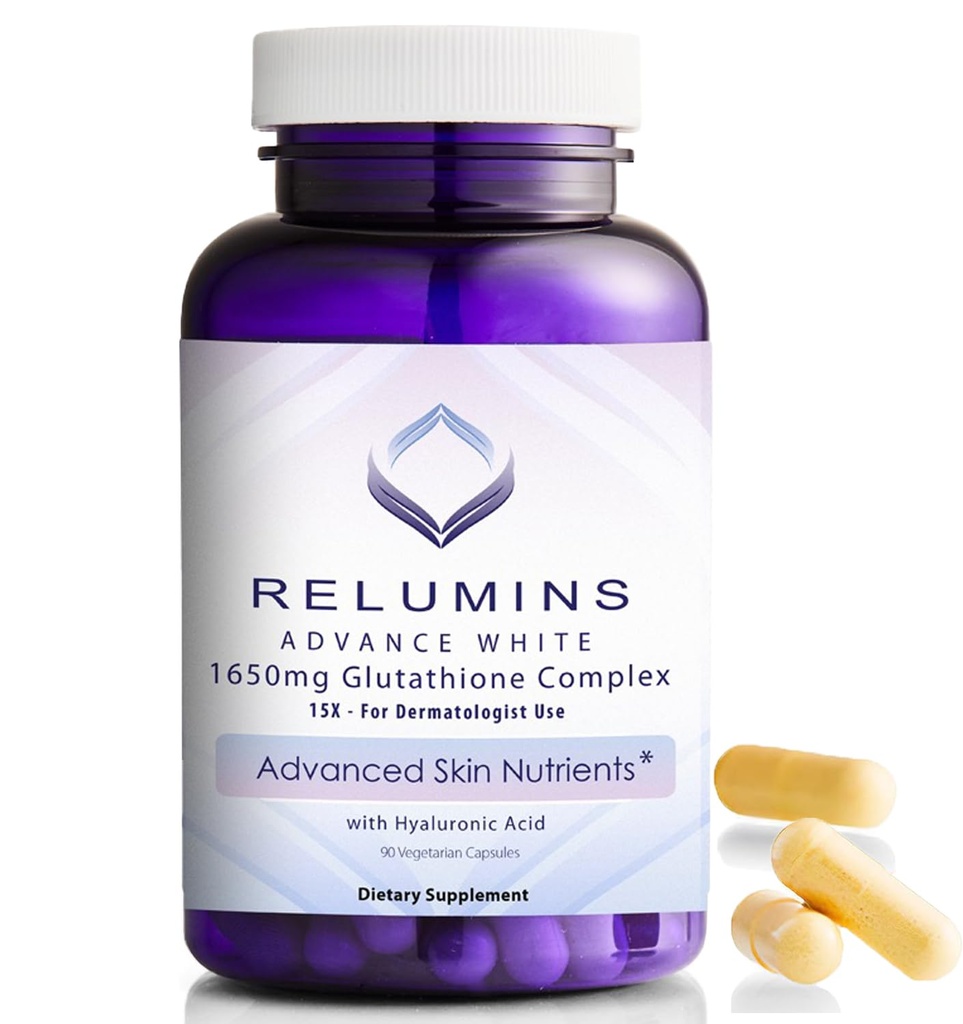Relumins 1650mg L-Glutathione Complex cu acid hialuronic, acid alfa lipoic, Rose HIPS, vitamina E & Riboflavină, suport antioxidant, Perfect pentru realizarea unui luciu de vacanță, Made in USA 