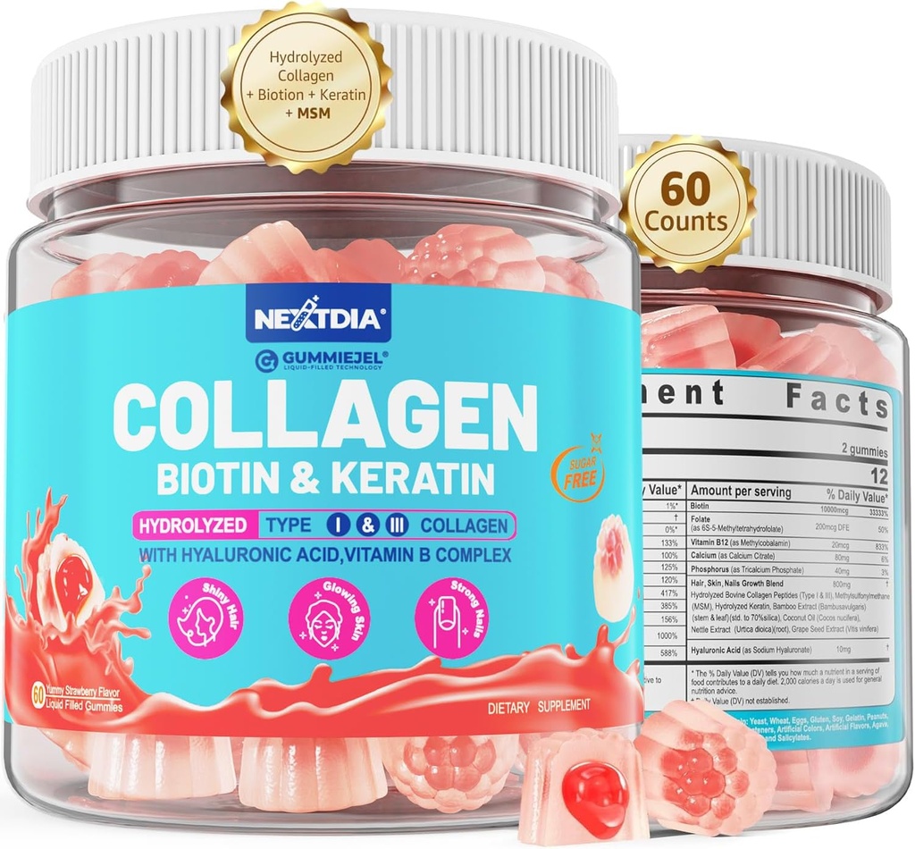 Multi Colagen Gume umplute pentru femei Zahăr Biotin 10000mcg, Multivitamine Hair Piele și unghii Vitamine pentru creșterea părului, cu Colagen hidrolyzed Peptide Keratin Acid hialuronic MSM Vitamina B