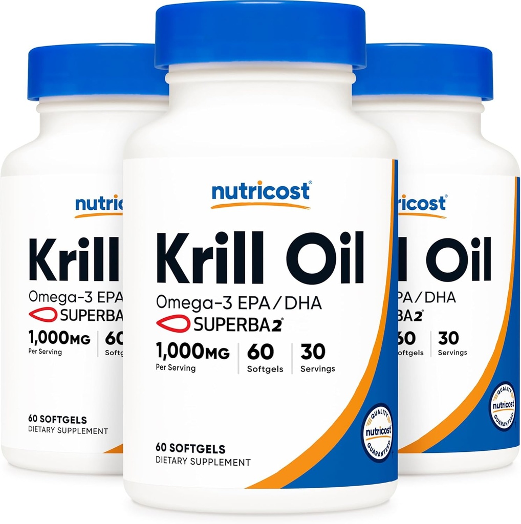 Nutricost Krill Oil 1000mg; 60 Softgels lichid (3 flacoane) - Omega-3 EPA-DHA