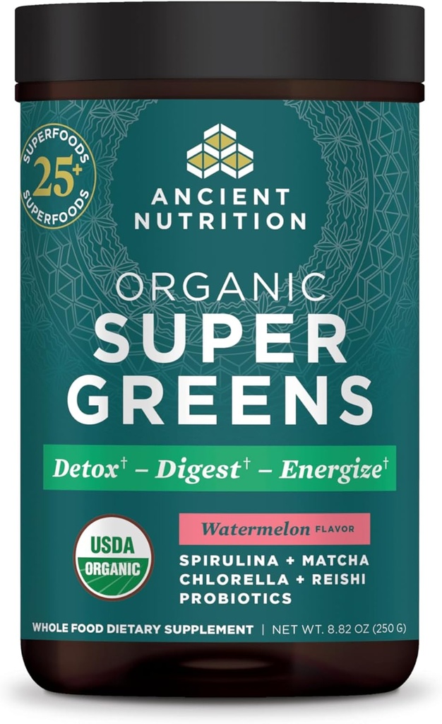 Nutritie antica SuperGreens Powder cu Probiotice, aroma ecologica de pepene verde, Made from Real Fruits, Legume si Herbs, for Digestive and Energy Support, 25 Servings, 8.82oz