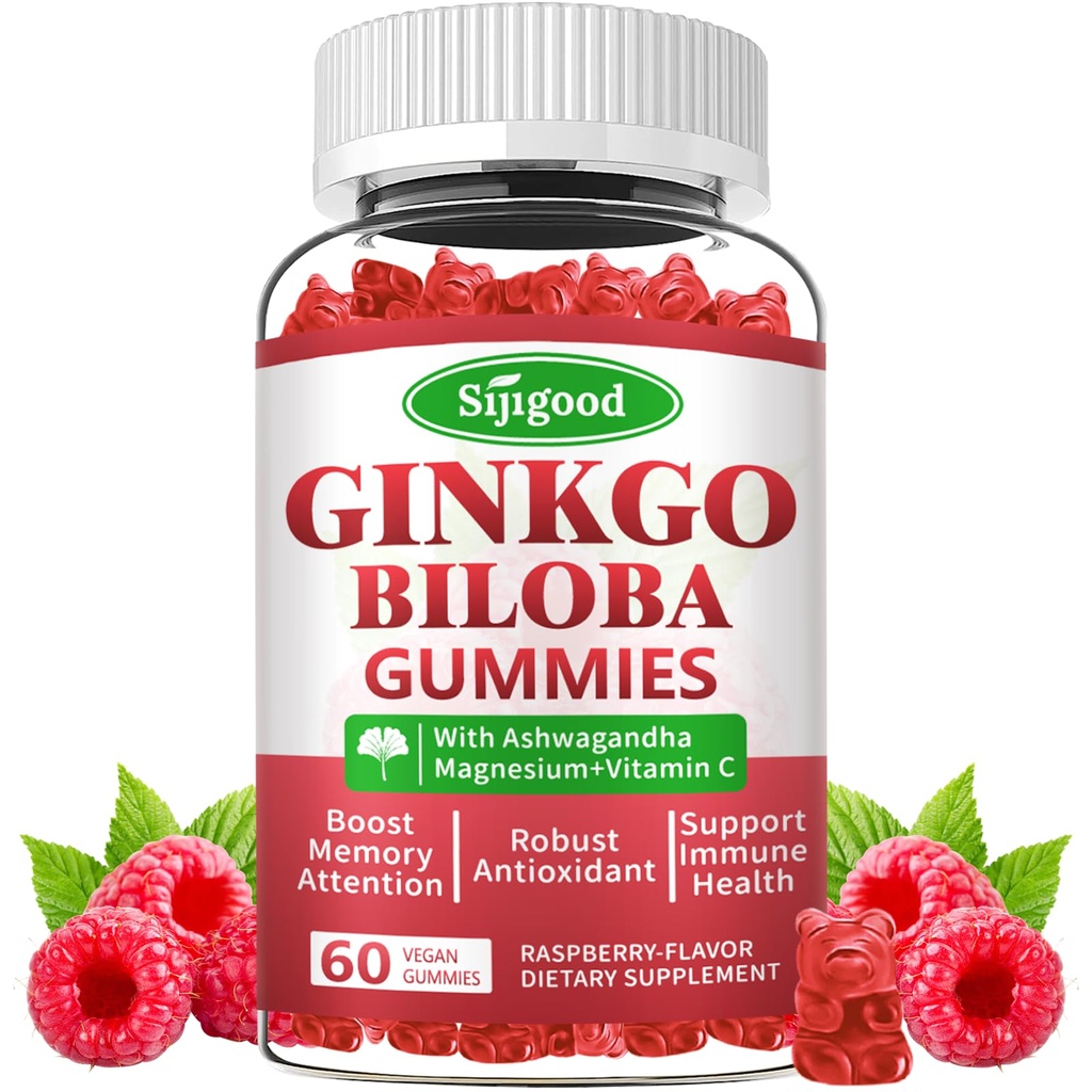 Ginkgo Biloba Gummies cu Panax Ginseng și Magneziu, Ginkgo Biloba Suplimente pentru Focus, Memorie, și Brain Health pentru adulți și copii, Vegan Aroma de zmeură Gummies, 60 Conte