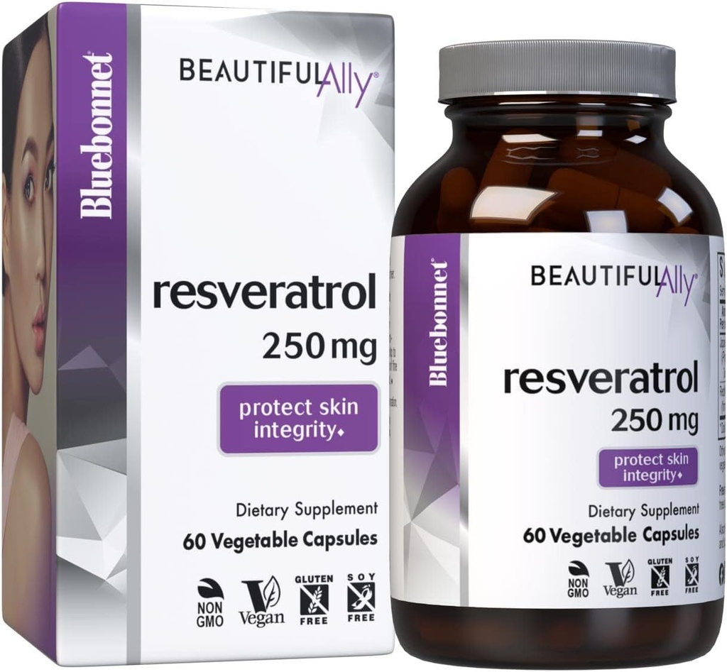 Bluebonnet Nutritie Frumoasa Ally Resveratrol 250mg, Cel mai bun pentru piele, Antioxidant, Frumusete Nutrient, Vegan, Vegetarian, Non OMG, Gluten gratuit, Soy gratuit, 60 capsule vegetale, 60 Serviri