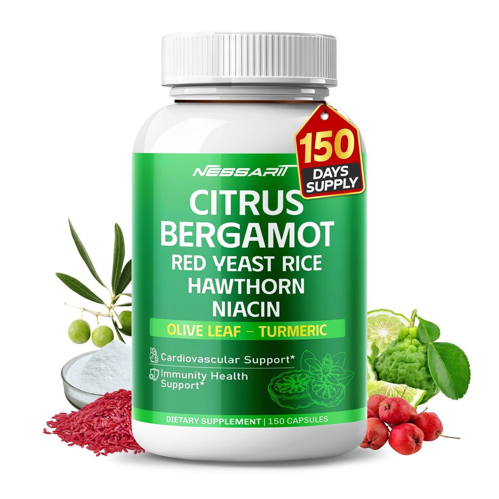 Citrus Bergamot Supliment - 15-in-1 Natural Blend cu Red Yeast Rice Hawthorn Olive Leaf Odorless Usturoi Turmeric Ginger Fenugreek - 150 Conte - Made & Testat în Statele Unite ale Americii