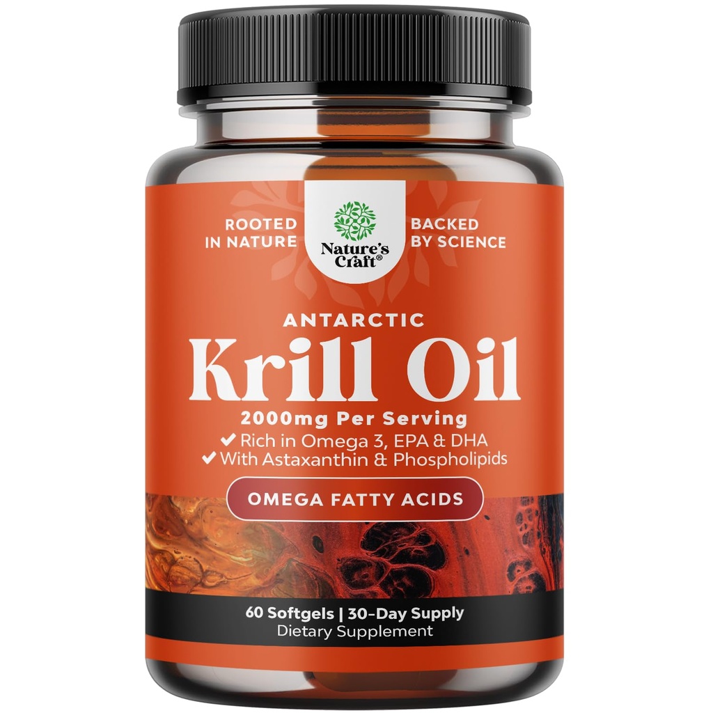 Antarctica Krill Oil 2000mg Softgels Per Serving - Omega 3 Krill Suplimentul de ulei cu EPA DHA & Astaxantină (60 Conte (Pachet de 1)