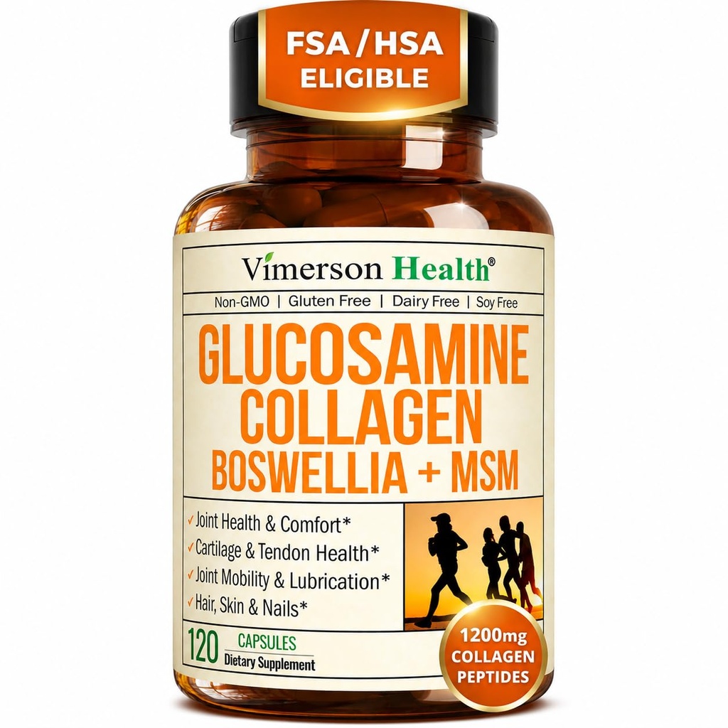 Glucosamină Chondroitin MSM cu Colagen Peptide hidrolizate - Supliment de suport comun cu Querbetin, Bromelain & Boswellia Extract - Colagen pilule pentru unghiile pielii de păr - FSA eligibile 120 Capsuri