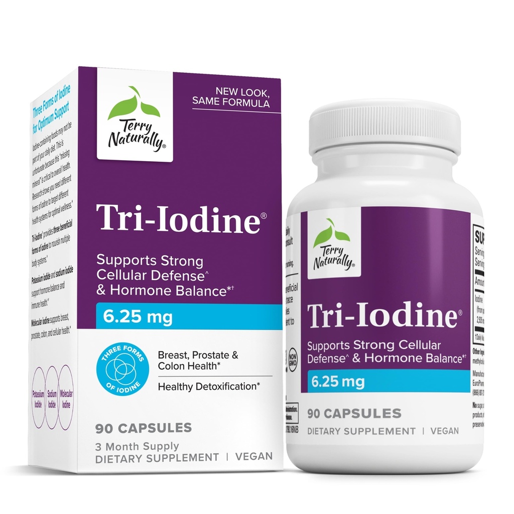 Terry Natural Tri-Iodine - Suport Sănătate tiroidiană - SIDA Echilibru hormonal cu iod molecular de la Kelp - Caracteristici Iod de potasiu și iod de sodiu - Brain & Energy Support - 6.25 mg, 90 capsule