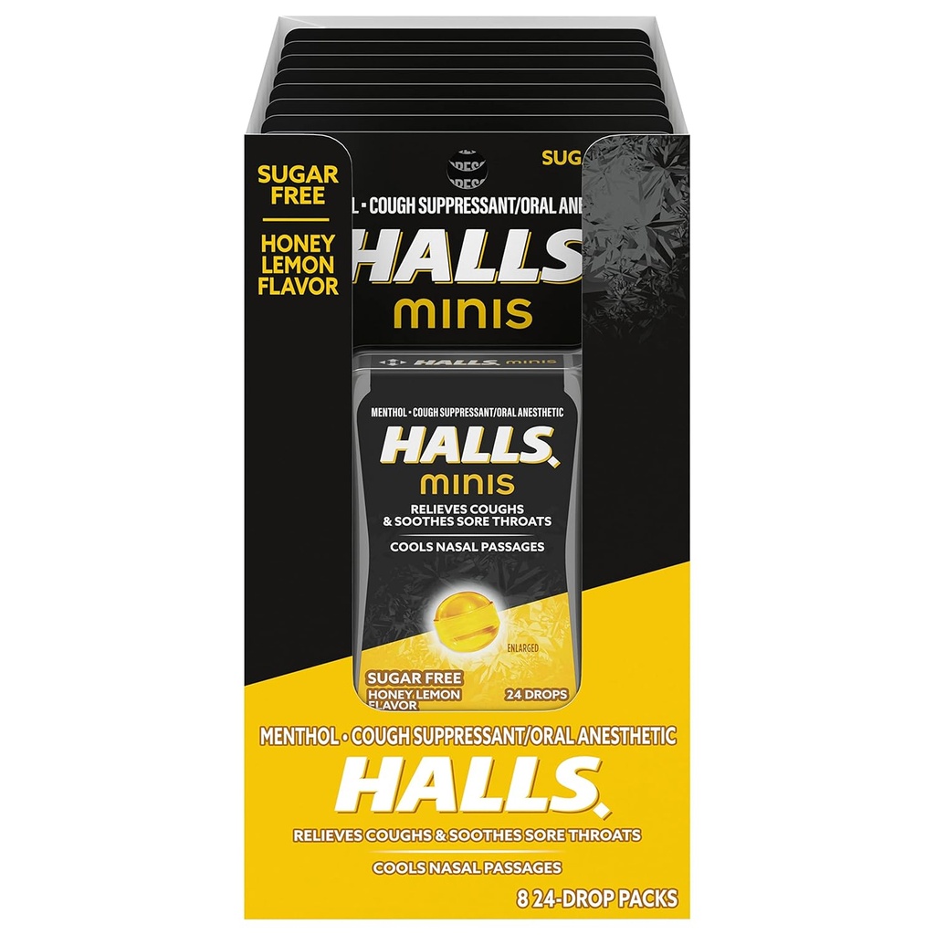 HELLS Minis Honey Lemon Flavor Drops Sugar Free Cough, 8 Pachete de 24 picături (192 picături Total)