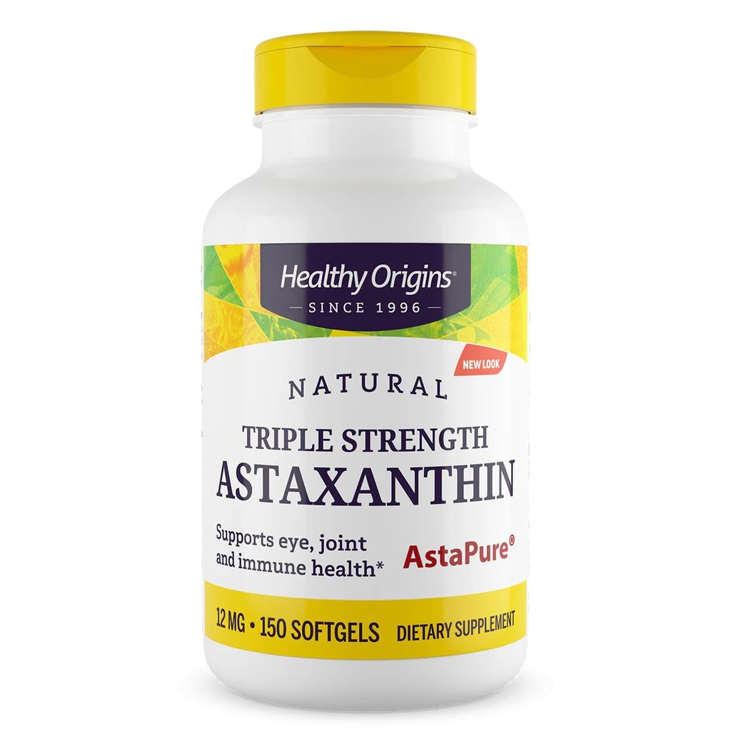 Origini sănătoase Astaxanthin 12 mg (Natural, Astapure, Triple Putere, Non-GMO, Gluten Free, Eye Support, Joint Support, Immune Support), 150 Softgels
