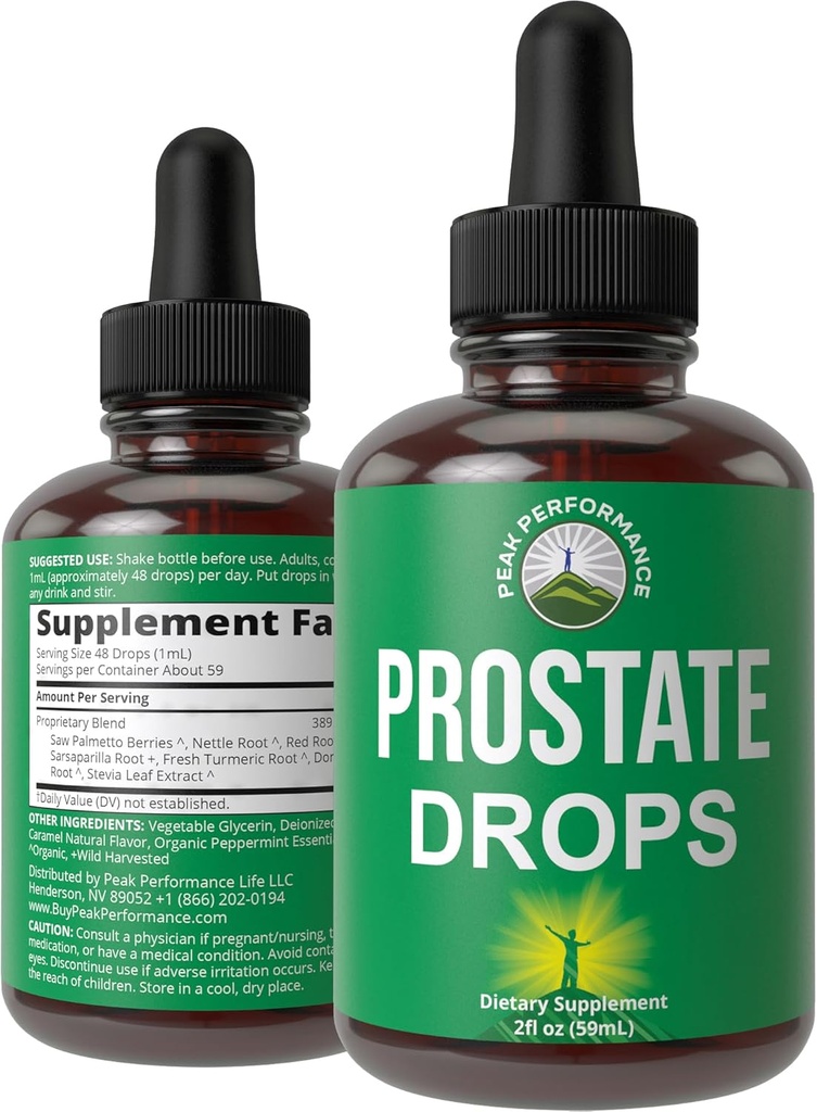 Suplimentul de suport prostata pentru Meni Vegan Kosher Prostate Sanatate Picături lichide cu Saw Organic Palmetto, Nettle, Turmeric, Peppermint, Wild Sarsaparilla + Root Red