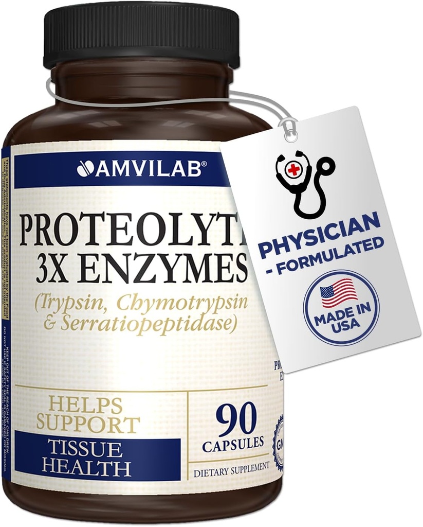 Enzime  Proteolitice 3X - Trypsin, Chymotrypsin & Serrapeptidază - Reduce edemul şi iritarea de leziuni ale ţesuturilor - Susţine bunăstarea şi recuperarea organismului - Supliment alimentar - 90 capsule