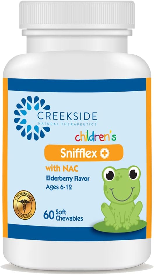 Creekside Naturals Snifflex, Sinus & Respirator pentru copii, Elderberry for Immune Health, Pediatru Formulat cu NAC, Querbetin & Bromelain, Zero Sugar, Vegan, 60 Soft Chewables