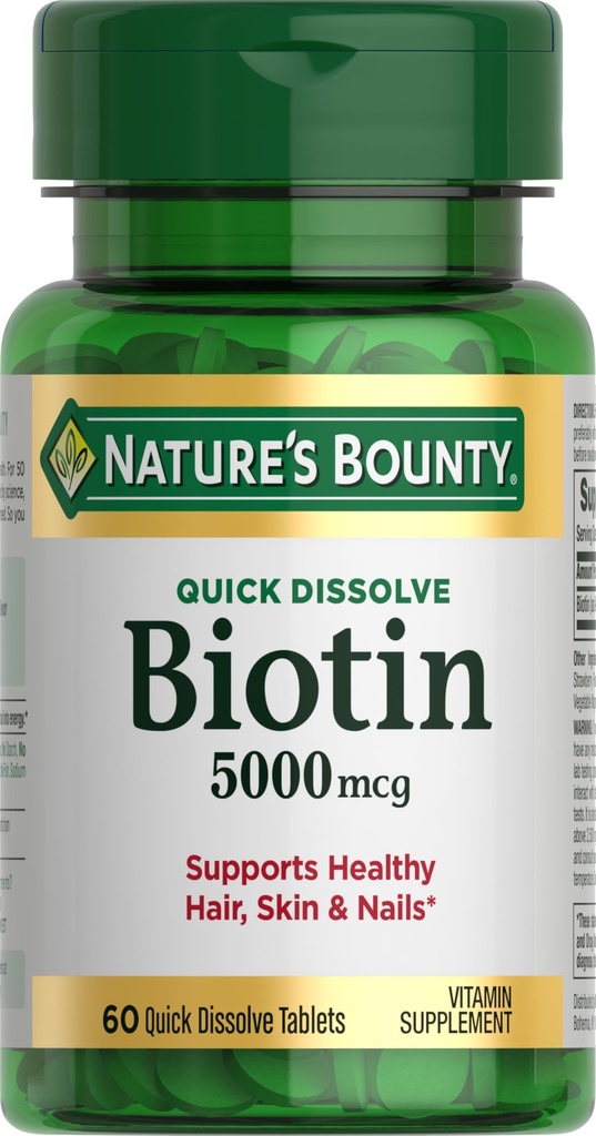 Natura's Bounty Biotin, susține metabolismul pentru energie celulară și păr sănătos, piele, și unghii, 5000 mcg, 60 comprimate de dizolvare rapidă
