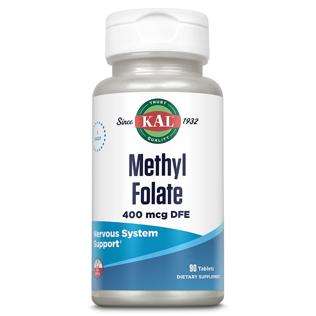 KAL Metil Folate 400 mcg DFE, 5-MTHF Active Form Vitamina B9, Folic Acid Supliment, Heart Health, Prenatal, Mood and Brain Support, Fast Dissolving ActivTab, 60-Day Guarantee, 90 Serviri, 90 comprimate