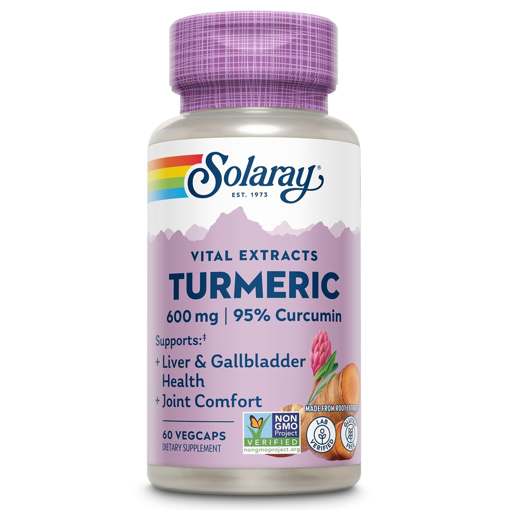 Suplimentul Turmeric SOLARAY 600mg - Root Turmeric cu 95% Curcumin - Supliment de suport comun - Sănătatea articulară, vezica biliară și suport hepatic, Non-GMO, Vegan, Gluten gratuit, 60 de zile de garanție, 60 Serviri