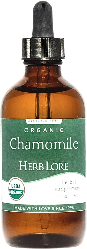 Herb Lore Organic Chamomile Tinctură - Picături de musetel lichid pentru copii și adulți - Melatonin-Sleep Supplement (4 fl oz)