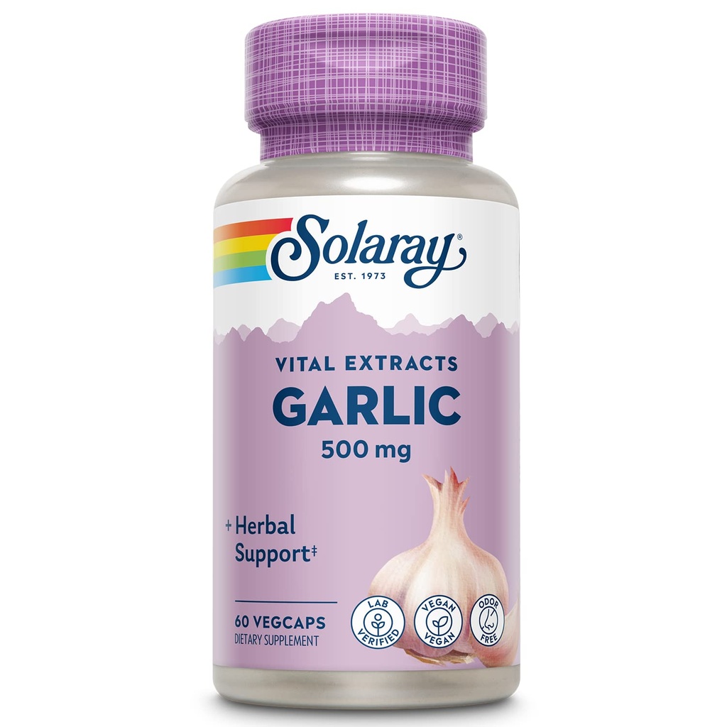 SOLARAY Usturoi Supliment 500mg, Vegan, extract de usturoi Odorless, tradiţional utilizate pentru Heart Health and Immune Support, Vegan, Odor Free, Lab Verified, 60 Day Guarantee, 60 Serv, 60 Enteric VegCaps