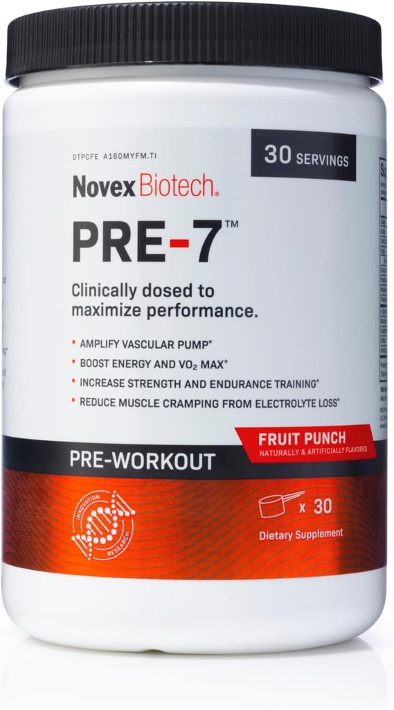 Novex Biotech PRE-7 Pre-Workout pulbere pentru bărbați - Boost Energy, Focus, și VO2 max, Suport Hidratare în timpul exercițiilor prelungite*, Fruit Punch