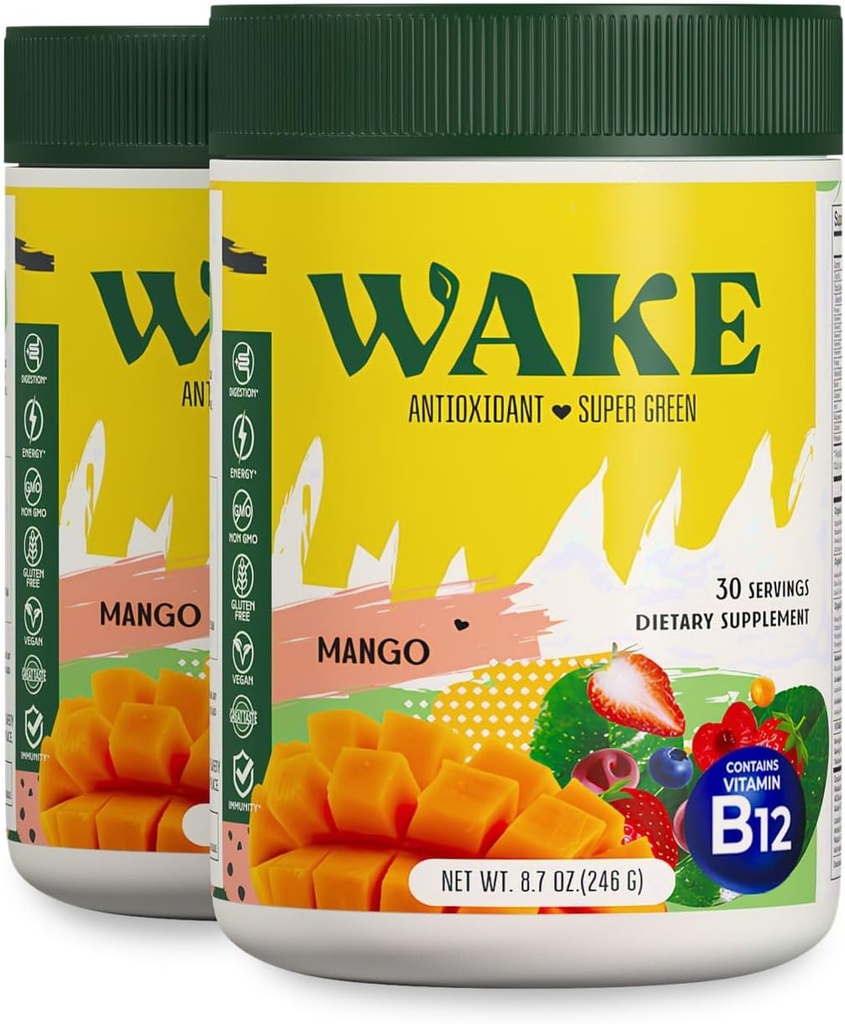 Wake Antioxidant Super Greens, Greens Powder to Reduce Bloat, Spirulina & Chlorella, Vitamina B12, Non-GMO, Digestion Sanatos pentru Femei, Enzime, Probiotice, Acai Berry & Camu Camu, 2 buc pentru 1 cost