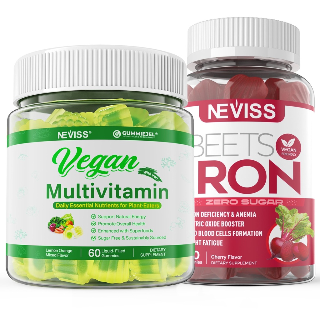 Gume de fier Vegane cu multivitamine Vegane pentru Femei cu fier, vitamina B12, A, D3, K2, Algae Omega 3, Magneziu, Zinc