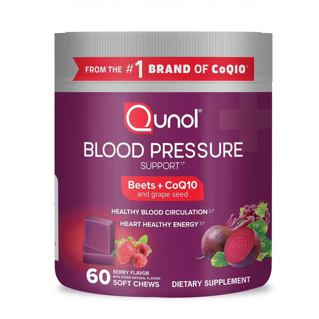 Qunol Beets Chews for Blood Pressure Support, 3 in 1 Beets + CoQ10 + Extract de semințe de struguri, susține circulatia sanatoasa a sangelui & Heart Healthy Energy, 60 Chews
