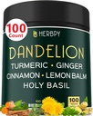 Dandelion Root Supliment 7500mg 6in1 pentru digestia, Heart Health & Immune - Amestecat cu ghimbir, Curcumin Turmeric, Ceylon Scorțișoară, Lemon Balm & Holy Basil - 100 capsule Dandelion