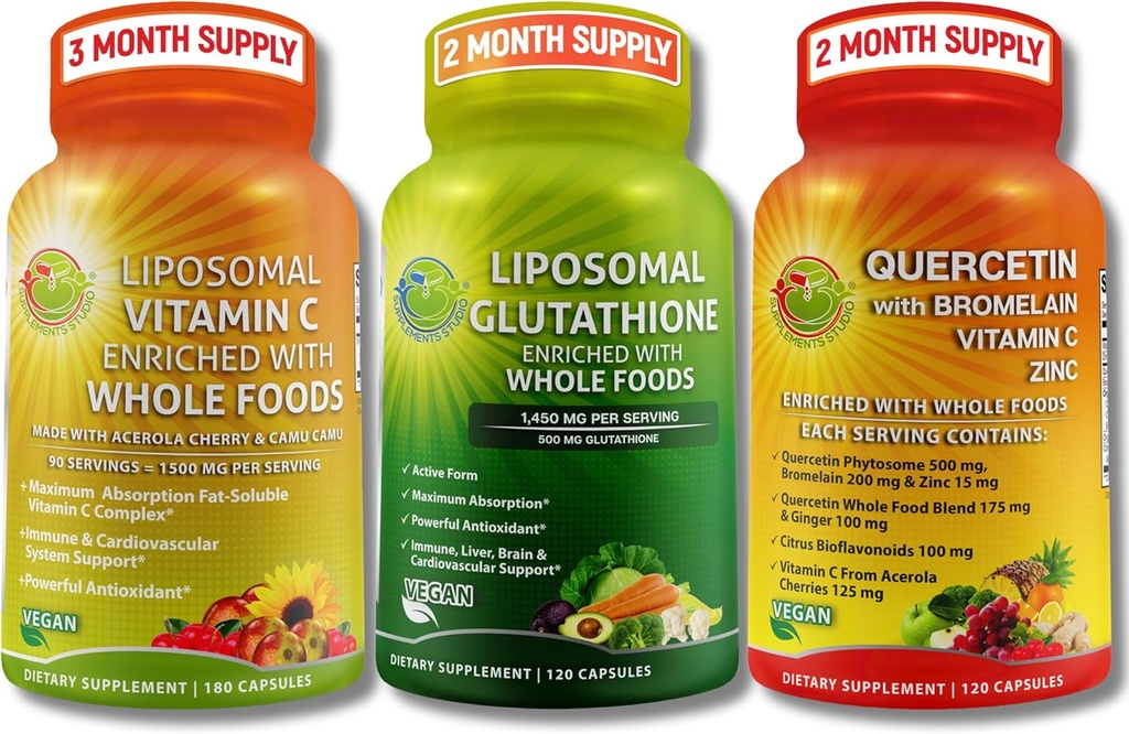 Antioxidant complet cu bază de plante și suport imun Bundle - Vitamină lipozomală C 1500mg + Glutatione lipozomal 500mg + Querbetin cu Bromelain, zinc și vitamina C 