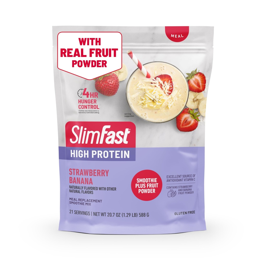 SlimFast Proteine High Smoothie Mix Plus Pudră de fructe, Pudră de schimb de proteine de mare, Fibră, Vitamina C, 21 Serviri, 1.29 Lire, căpșuni Banana (Packing May Vary)