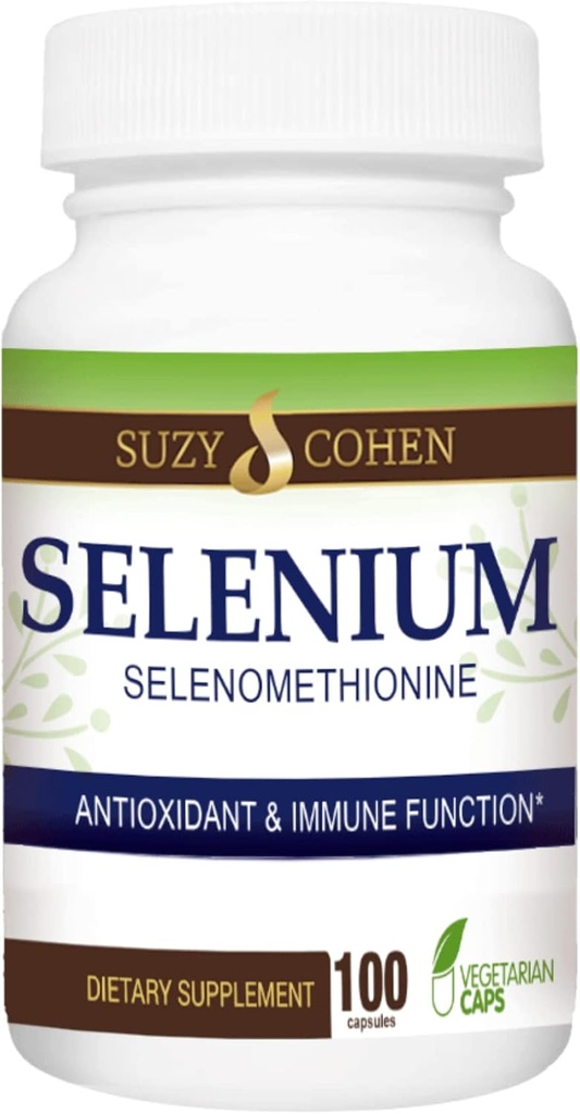 Suzy Cohen Selenium Supplement 200 mcg, Maintain Healthy Heart, Immune System, Support Thyroid, Prostrate Function, Yeast Free Chelated Tummy Friendly Amino Acid, Highly Bioavailable, 100 Veg Capsule